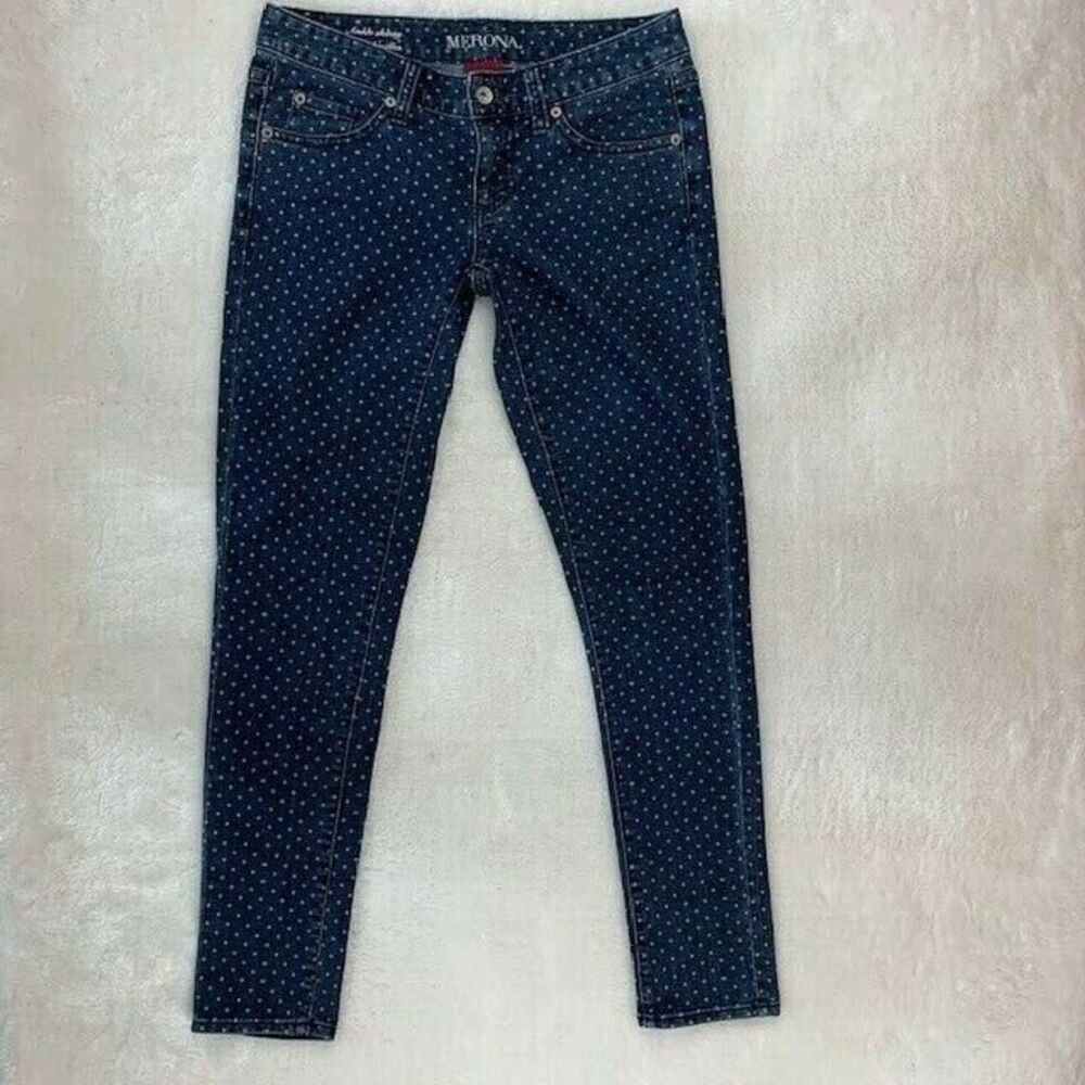 Merona Size 2 Womens Jeans Stretch Ankle Skinny Blue White Polka Dots